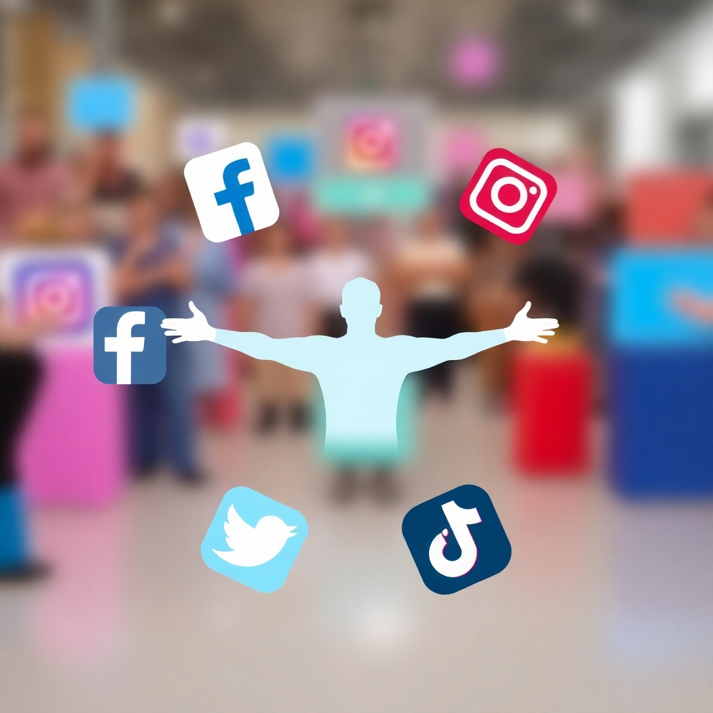 A dynamic image displaying various social media icons (Facebook, Instagram, Twitter, TikTok) arranged in a circular formation. At the center is a stylized representation of a person with arms outstretched, symbolizing influence and reach. The background is blurred but suggestive of a bustling online community. The color scheme is modern and vibrant, reflecting the energy of social media. 8k, high quality, slightly abstract.