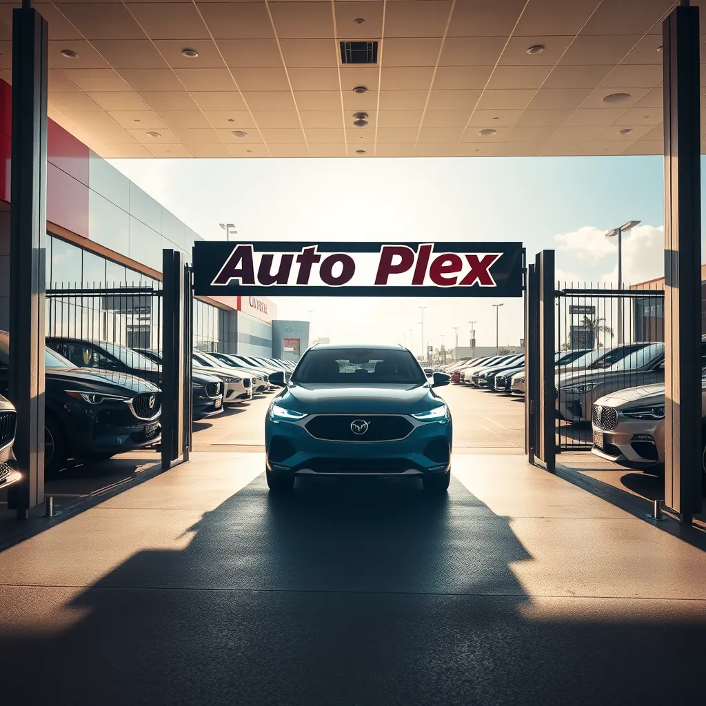 A dynamic image of a car being driven onto a car dealership lot. The image should capture the excitement and energy of the car-buying process. The car should be a modern and stylish vehicle, driving through a gate marked with the Clovis Auto Plex logo. The background should be a vibrant and modern dealership lot with a variety of cars on display. The lighting should be bright and sunny, creating a sense of optimism. The camera angle should be low, capturing the car from a dramatic perspective. The resolution should be 8K, ultra-detailed. The style should be similar to a high-energy commercial.