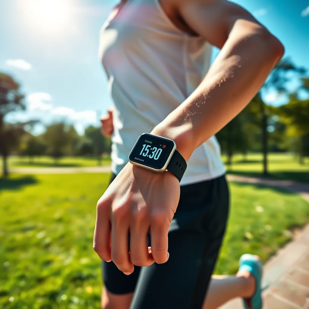 A dynamic image of a person running in a park, their wrist wearing a smart band with a vibrant display showing their pace and distance. The background is a sun-drenched park with lush greenery and blue skies, highlighting the outdoorsy and active nature of the fitness experience.