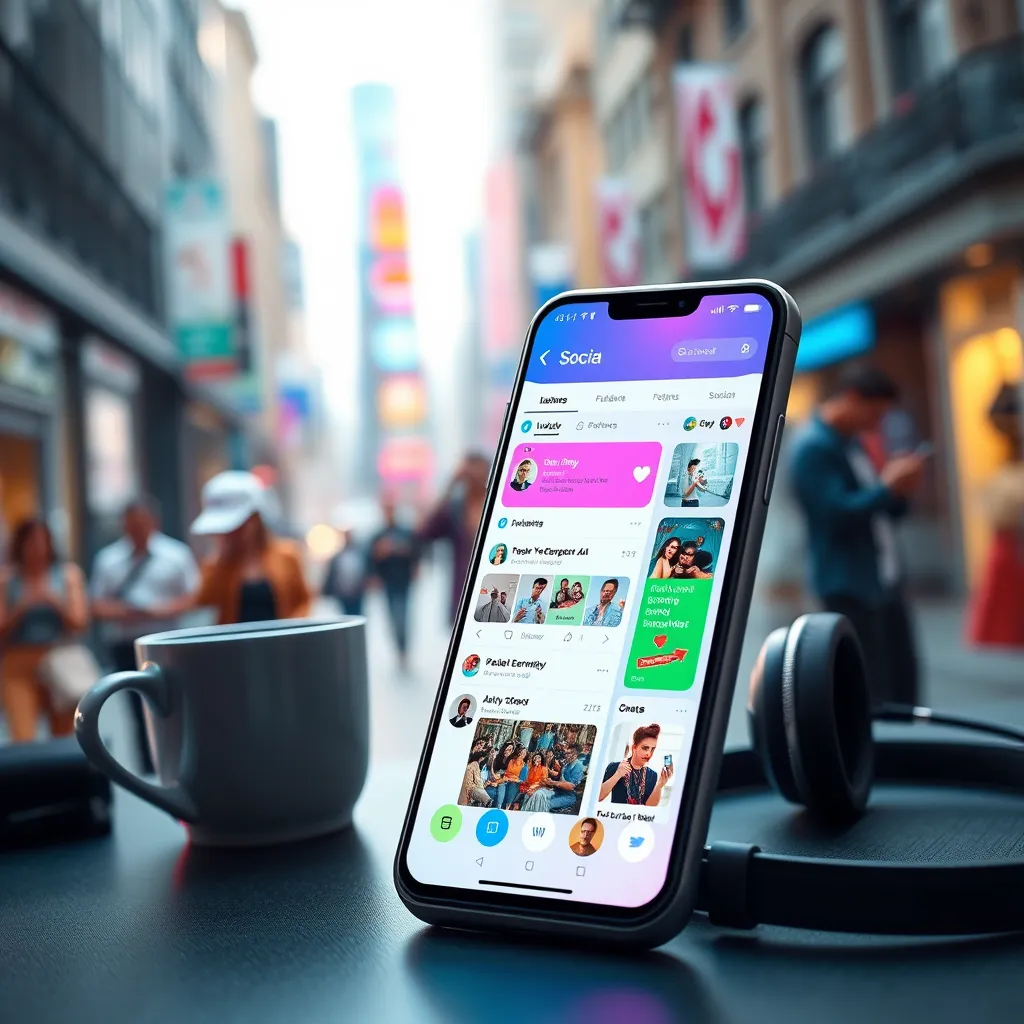 A dynamic image of a smartphone displaying a social media dashboard with multiple platforms, showing active engagement with posts, comments, and followers. The smartphone is placed on a trendy, modern desk with a cup of coffee and a pair of stylish headphones nearby. The background is a blurred image of a bustling city street with people interacting on their phones, representing the active social media environment. The lighting is soft and diffused, creating a natural and inviting atmosphere. The image should have a vibrant and colorful palette with a focus on blues, pinks, and yellows, representing communication, connection, and excitement. Render the image in a photorealistic style with a high level of detail, emphasizing the sleek design of the smartphone and the engaging content on the screen. The overall mood should be one of dynamism and connection.