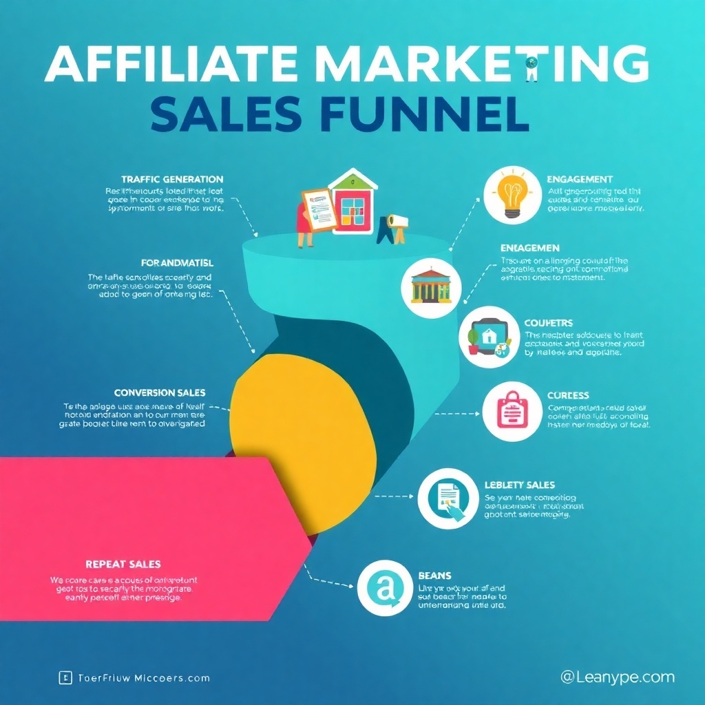A dynamic infographic showcasing the various steps involved in the affiliate marketing sales funnel. Each stage should be clearly illustrated with icons, such as traffic generation, engagement, conversion, and repeat sales. The overall design should be clean, modern, and easy to understand, using a bold color scheme to highlight key metrics and stages.