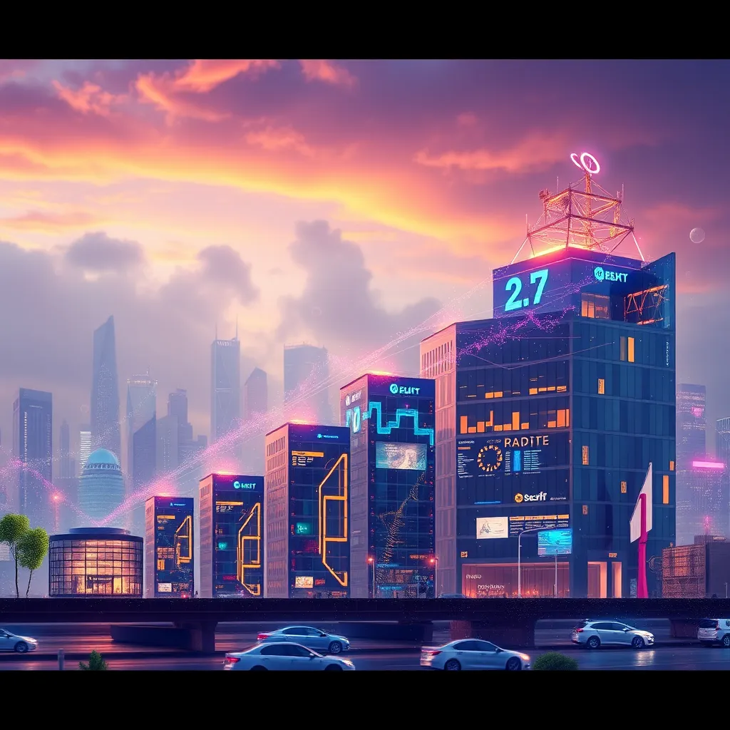 A dynamic representation of a business growing from a small startup to a large enterprise, with the custom software solution seamlessly adapting and scaling along the way. The image should use vibrant colors and animated elements to emphasize the growth and adaptability of the software.