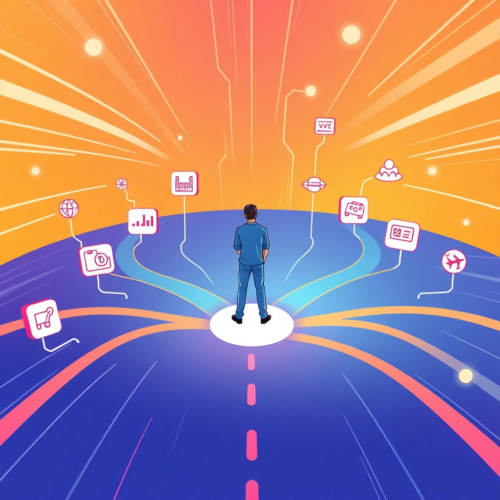 A dynamic visual of a person standing at a digital crossroads, with multiple paths leading to various products and services represented by icons (e.g., a book, a gadget, a travel ticket). The person is acting as a central hub, connecting customers to these offerings. The background should be vibrant and energetic, reflecting the potential of affiliate marketing. Use bright colors and bold lines to create a sense of excitement and opportunity. Resolution: 4K, stylized illustration.