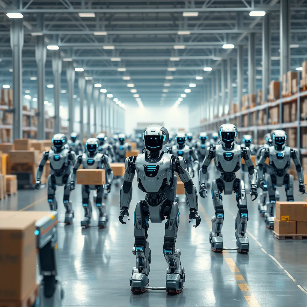 A dynamic warehouse setting with a fleet of advanced robots operating autonomously. The robots are sleek and futuristic, with a mix of metallic and glowing blue accents. They are performing various tasks, such as sorting packages, loading and unloading trucks, and navigating the warehouse with precision. The warehouse environment is clean and modern, with a focus on efficiency and automation. The lighting is bright and well-distributed, highlighting the robots' movements and the streamlined operation of the warehouse. Render this in a cinematic style with a focus on capturing the dynamic movements of the robots, the intricate details of their design, and the overall efficiency of the automated warehouse environment.