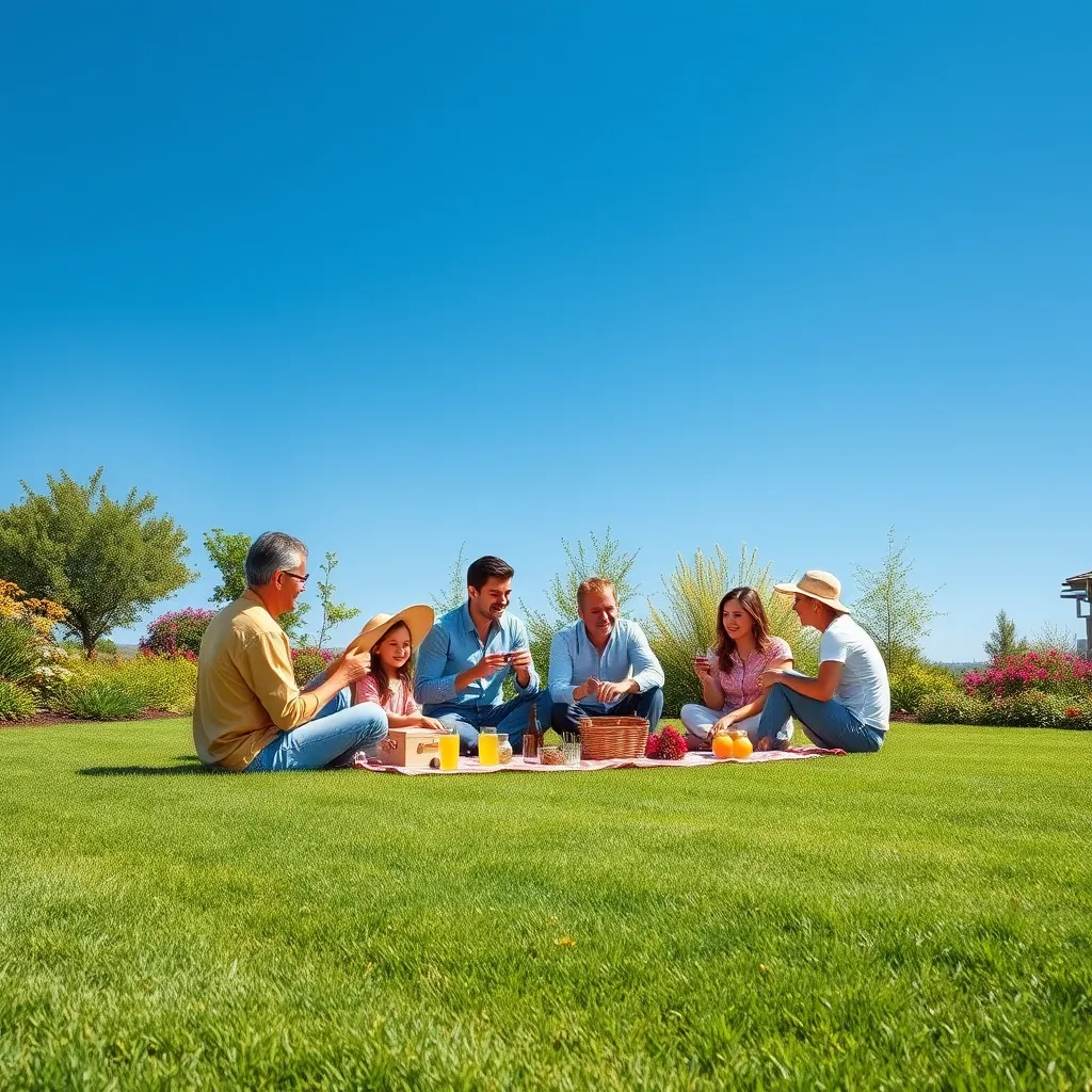 A family picnicking on a perfectly manicured lawn under a bright blue sky, showcasing lush green grass, vibrant flowers, and a beautiful outdoor setting. They are enjoying a relaxed and carefree atmosphere, showcasing the peace of mind that comes with SAITS4U's services.