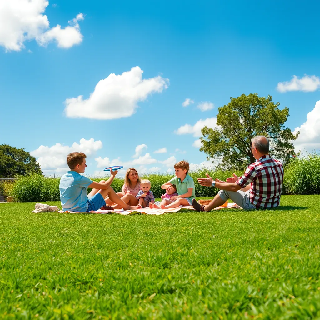 A family relaxing on a lush, green lawn, enjoying the sunshine. The lawn is perfectly manicured with no weeds or brown patches. Children are playing frisbee, while parents relax on a picnic blanket. The background is a beautiful, sunny day with a blue sky and white clouds.