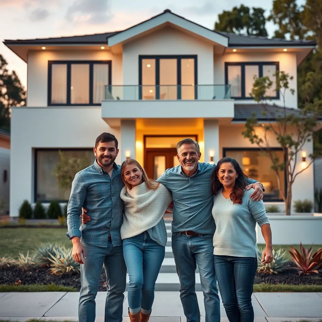 A family standing proudly in front of their newly built home, beaming with joy. The home should be a modern, spacious house with a beautiful landscape design, highlighting the sense of accomplishment and satisfaction.