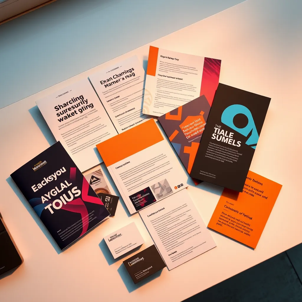 A flat lay composition featuring various marketing materials, such as brochures, flyers, and business cards, all showcasing captivating copy. The materials should be arranged on a sleek, modern desk with a minimalist backdrop. The lighting should be soft and diffused, casting a warm glow on the materials. The color palette should be vibrant and attention-grabbing, reflecting the brand's personality. The camera angle should be slightly overhead, providing a comprehensive view of the materials. The image should be ultra-detailed with a hyperrealistic style, capturing the texture of the paper and the intricate details of the design.