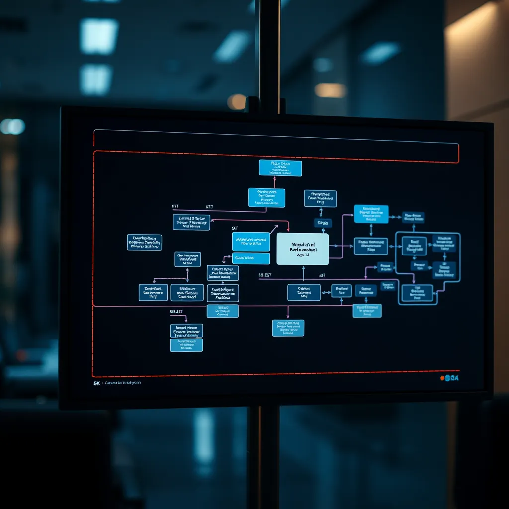 A flowchart diagram displayed on a digital screen, illustrating a complex workflow with clear steps and optimized connections.  The image should convey efficiency, clarity, and streamlined processes.