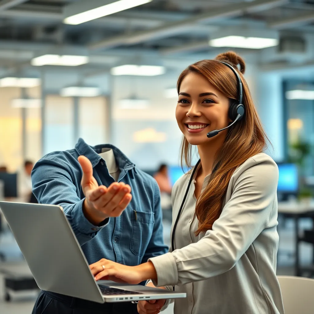 A friendly customer service representative smiling warmly and extending a helping hand towards a customer on a laptop. The background should be a vibrant and modern office setting with a customer support team working efficiently in the background.
