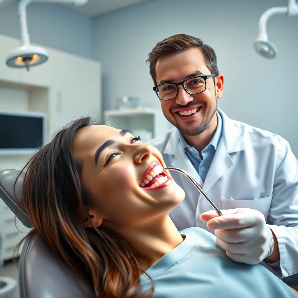 A friendly dentist with a warm smile is examining a patient's teeth with a mirror and probe. The patient is relaxed and comfortable in a modern dental chair. The room is bright and clean, with dental equipment neatly arranged in the background. The overall atmosphere is calm and inviting, highlighting the importance of preventive care.