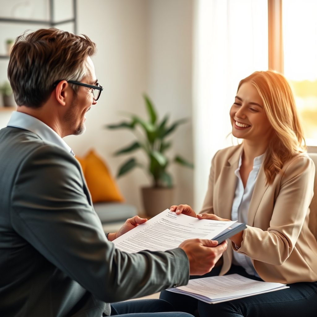A friendly finance manager assisting a customer with paperwork. Convey a sense of trust and support. Use a comfortable, well-lit office setting. The lighting should be warm and inviting. Capture the ease of the financing process and customer satisfaction. 4k Resolution, High Quality.