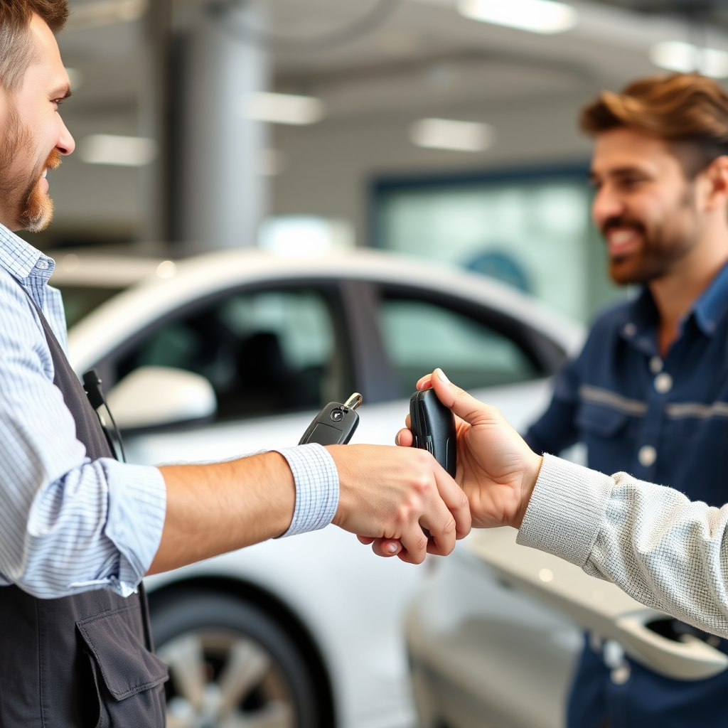 A friendly salesperson handing over car keys to a smiling customer. Focus on the trust and satisfaction of the customer.