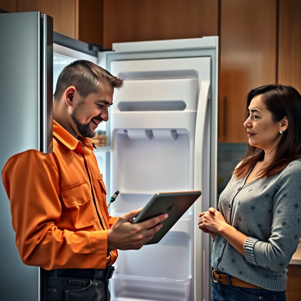 A friendly technician in a uniform, holding a screwdriver and a tablet, inspecting a malfunctioning refrigerator with a worried homeowner looking on. The background should be a typical kitchen setting with cabinets and countertops.