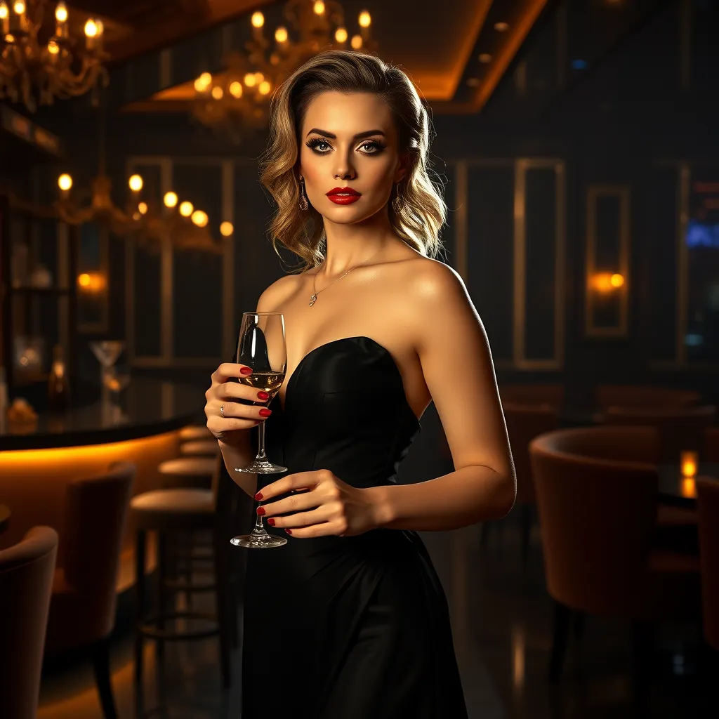 A full-body portrait of a woman in a glamorous evening gown, standing in a dimly lit cocktail lounge. She is wearing dramatic, smoky eye makeup with shimmering eyeshadow, defined brows, and a bold red lip. Her hair is styled in elegant waves and she is holding a champagne flute. The lighting should be low and dramatic, casting shadows across her face and body.  The background should be a luxurious cocktail lounge setting, with a bar, plush seating, and dim lighting. Capture the ambiance of a glamorous evening event. Render the image in hyperrealistic detail with focus on the details of the makeup, clothing, and lighting. 