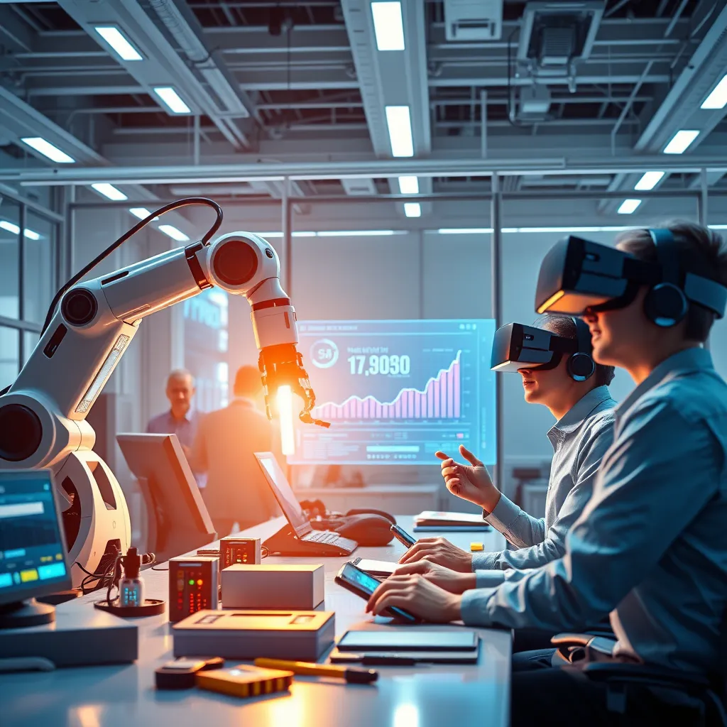 A futuristic, brightly lit office with a robot arm assembling a product, a holographic display showing real-time performance data, and a team using virtual reality headsets to collaborate on a project, highlighting the integration of technology in automating business processes.