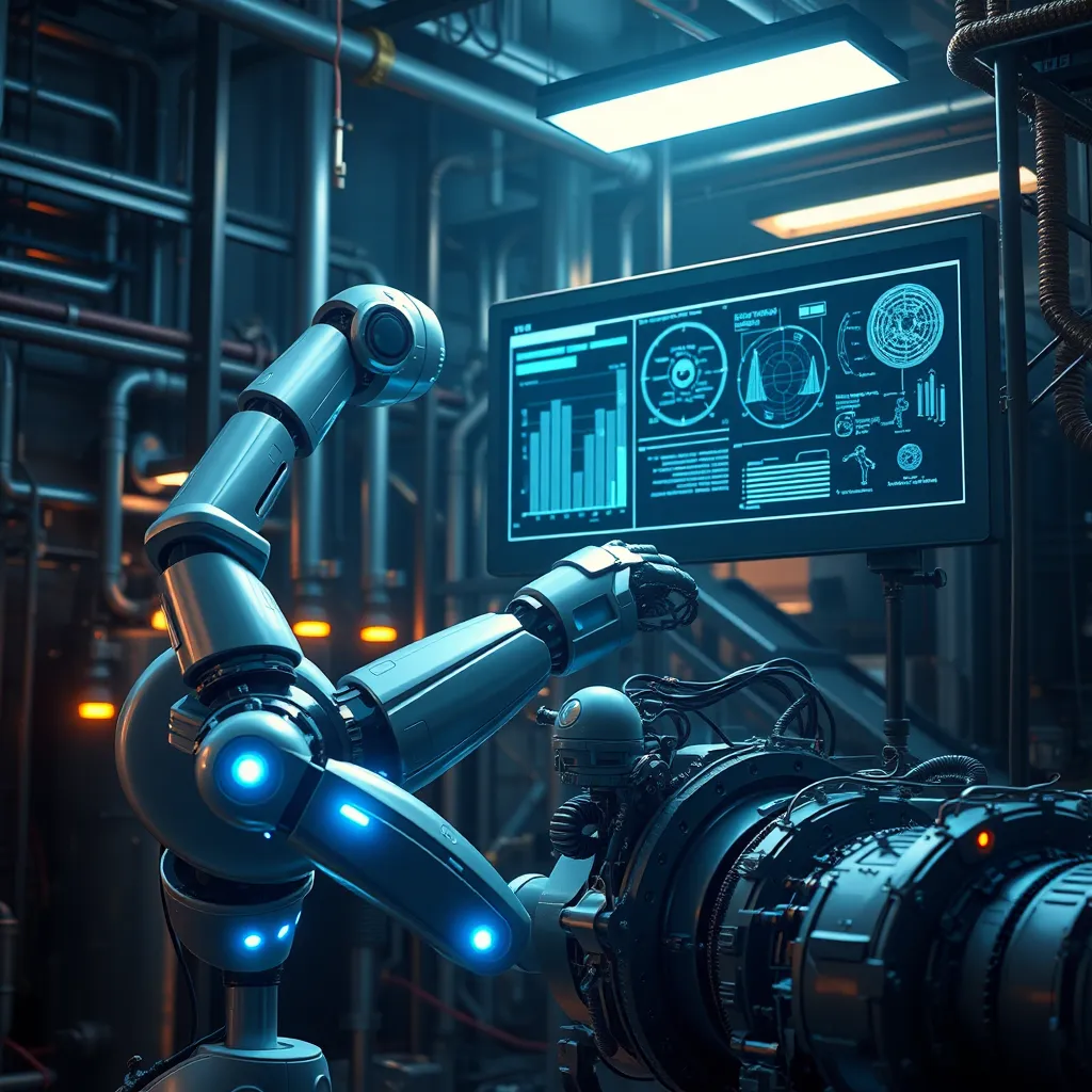 A futuristic, high-tech factory setting with a robotic arm inspecting a complex piece of machinery. The robotic arm is sleek and silver with glowing blue lights, connected to a large central control panel displaying intricate data visualizations. The background features a dimly lit, industrial environment with pipes, wires, and other machinery. The lighting is a mix of warm, ambient lighting from the machines and cool, blue light emanating from the robot and control panel. The scene has a sense of anticipation and technological prowess. Render this in 8K resolution, hyperrealistic style with a focus on intricate detail and captivating textures, capturing the seamless integration of advanced robotics and neural technology in a dynamic environment.