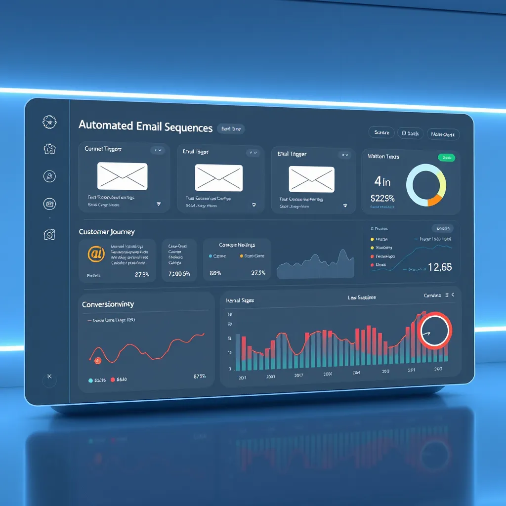 A futuristic, minimalist email marketing dashboard with a sleek interface, showcasing automated email sequences for lead nurturing. The dashboard displays email triggers, customer journey stages, and real-time performance metrics, indicating successful lead nurturing and conversion rates.