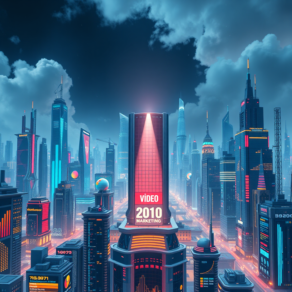 A futuristic cityscape where buildings are constructed from data visualizations, such as bar graphs, pie charts, and heatmaps. A single spotlight shines on a central building that represents a video marketing campaign. The color palette is cool and futuristic, emphasizing the power of data and analytics. Camera angle is slightly elevated, showcasing the vastness of the data landscape. Style reference is science fiction, with elements of data visualization, in 8k photorealistic rendering.