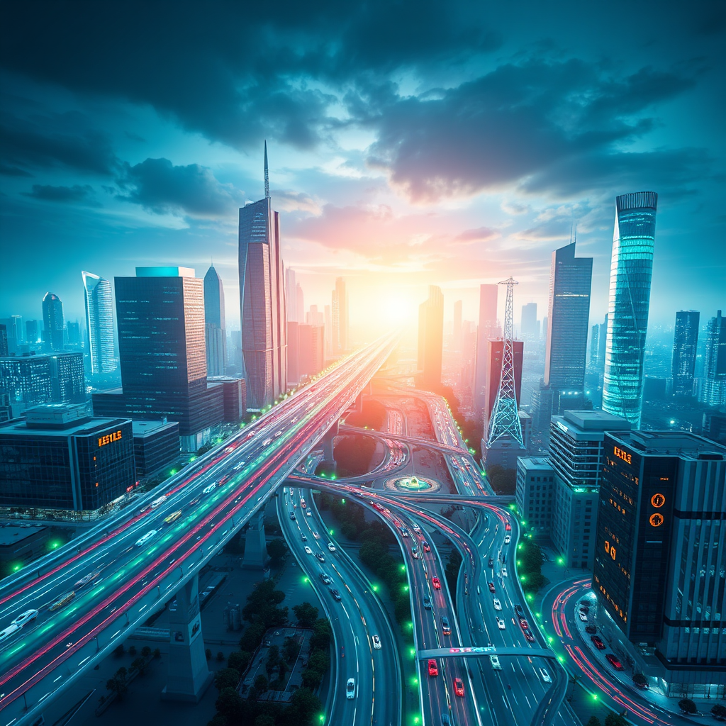 A futuristic cityscape with AI-powered systems managing traffic, energy, and resources. Sleek and modern design. The image showcases the potential of AI to create a smart and sustainable city. High-quality image, focus on innovation. Camera angle: aerial view. Color palette: Cool blues and greens.