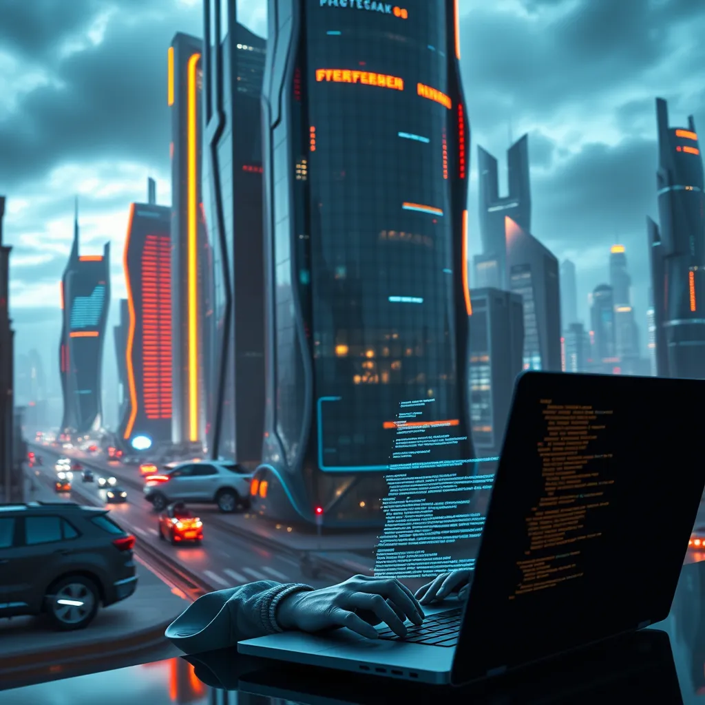 A futuristic cityscape with high-tech buildings and futuristic vehicles. In the foreground, a software developer is working on a laptop, code flowing on the screen, representing the integration of cutting-edge technology into software development.