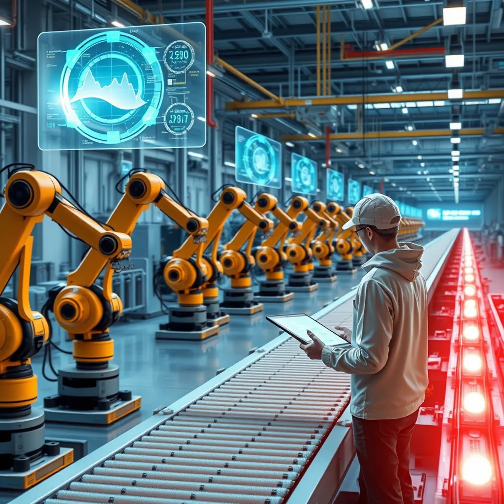 A futuristic factory floor with robotic arms and conveyor belts seamlessly working together, a human worker overseeing the operations on a tablet, and a holographic display showcasing real-time data analysis and process optimization. The overall tone should be bright and futuristic, emphasizing the integration of AI and robotics for streamlined operations.