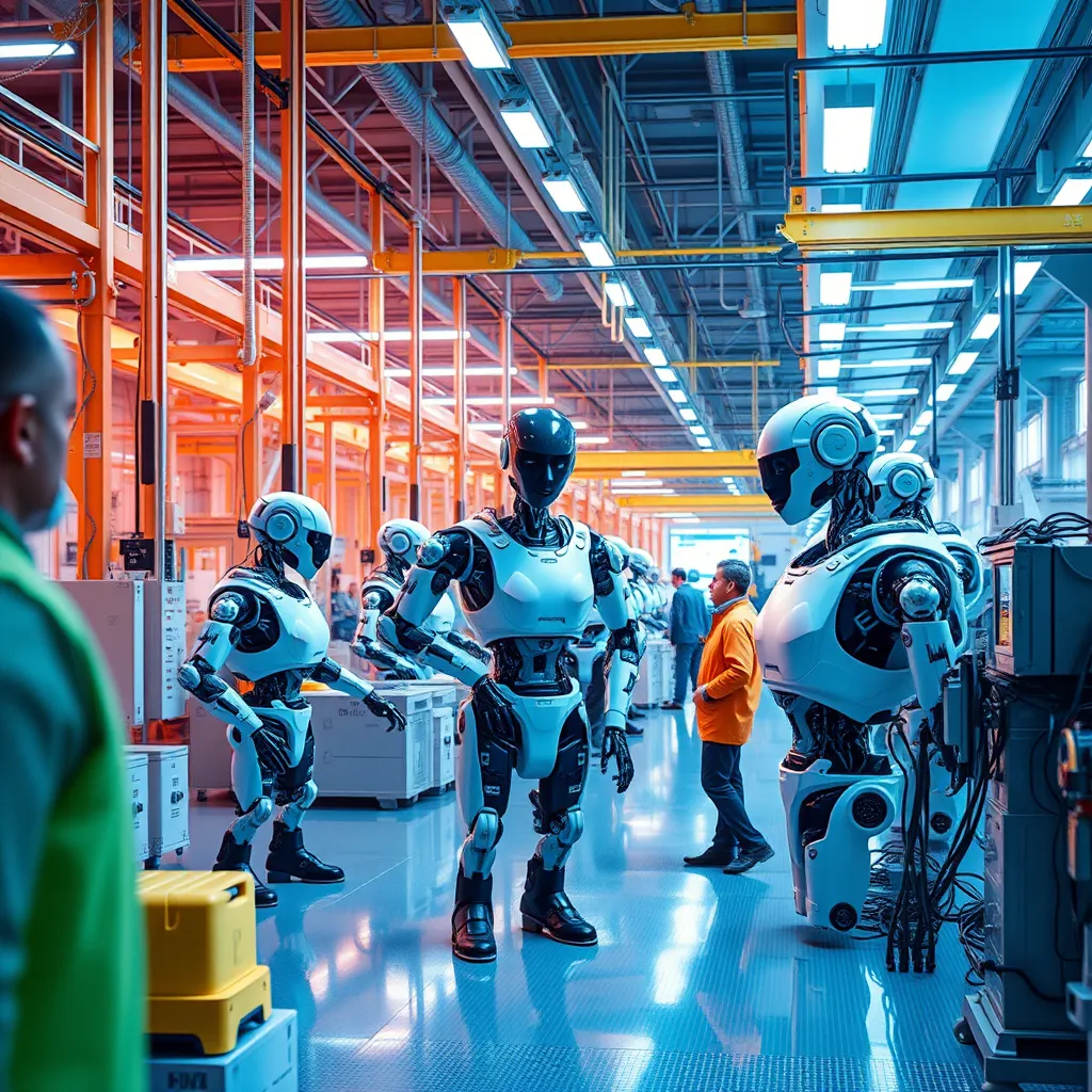 A futuristic factory setting with robots and automated systems working seamlessly alongside human workers. The scene should be bright and modern, highlighting the integration of AI and robotics for streamlined operations.