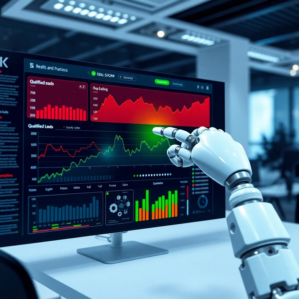 A futuristic-looking dashboard displaying data points and graphs, highlighting qualified leads in green and unqualified leads in red. A robotic arm points to the green leads. The background should be a modern, clean office space.