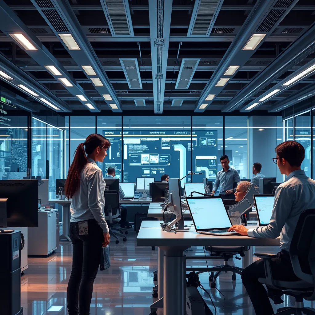 A futuristic office setting with sleek, modern technology seamlessly integrated into the workspace. The image should depict a scene where employees are interacting with automated systems, streamlining their workflows and improving efficiency.