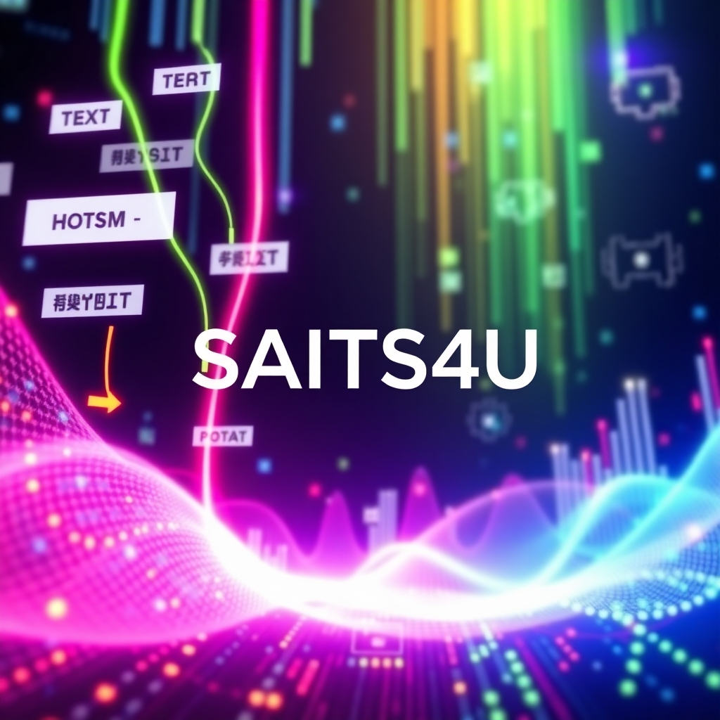 A futuristic, stylized image depicting streams of data transforming into various content formats (text, audio waves, images) with the SAITS4U logo prominently displayed.  The color scheme should be vibrant and futuristic, with a focus on neon and bright colors.  The style should be similar to promotional materials for advanced technology products.