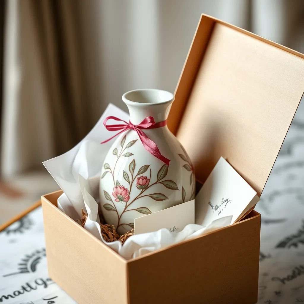 A gift box filled with a beautifully wrapped Mary Glasgow ceramic vase. The vase is adorned with a delicate floral pattern, and a handwritten note is tucked inside the box. The background is blurred, showcasing the elegance and sophistication of the gift.