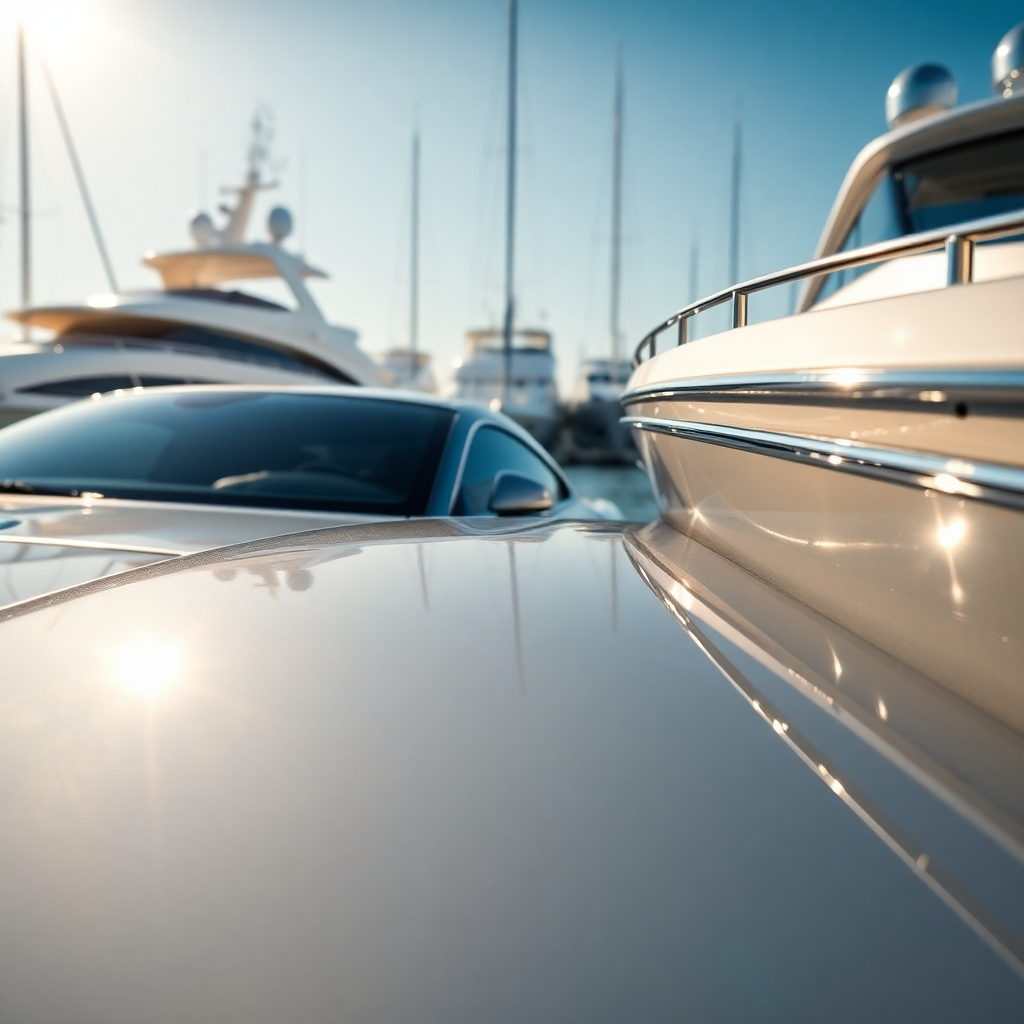 A gleaming luxury car and a polished boat side-by-side, both sparkling under the sunlight. The setting is a luxurious marina.  The image should showcase the reflections on the surfaces, highlighting the meticulous detailing. The image should be professionally lit, crisp, and vibrant, showcasing the high quality of the cleaning.