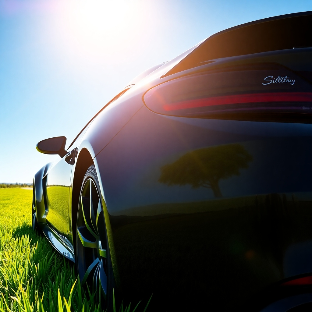 A glossy black car parked under bright sunlight. The paint should be flawless, reflecting the sunlight intensely. The car should be surrounded by lush green grass and a clear blue sky in the background.