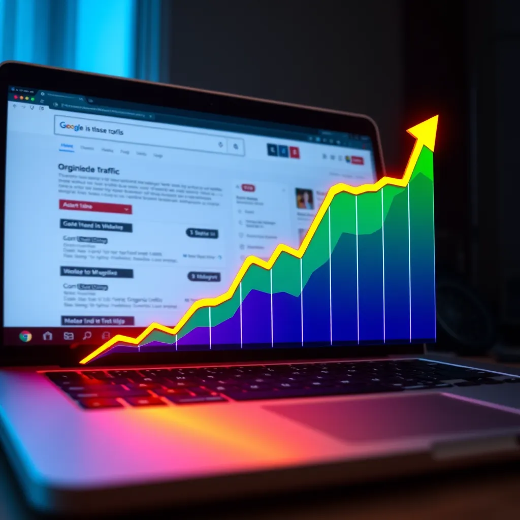 A graph illustrating the rise of a website's organic traffic over time. The graph should be visually appealing, using vibrant colors and clear data points. The background should feature a laptop with a search engine results page showing the website ranking high on the first page.