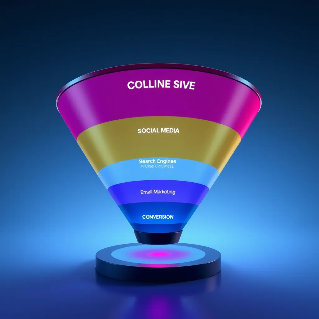 A graphic depicting a funnel representing the customer journey, with different stages representing online platforms like social media, search engines, and email marketing, ultimately leading to conversion. The funnel should have a vibrant color scheme and visually represent targeted audience engagement.