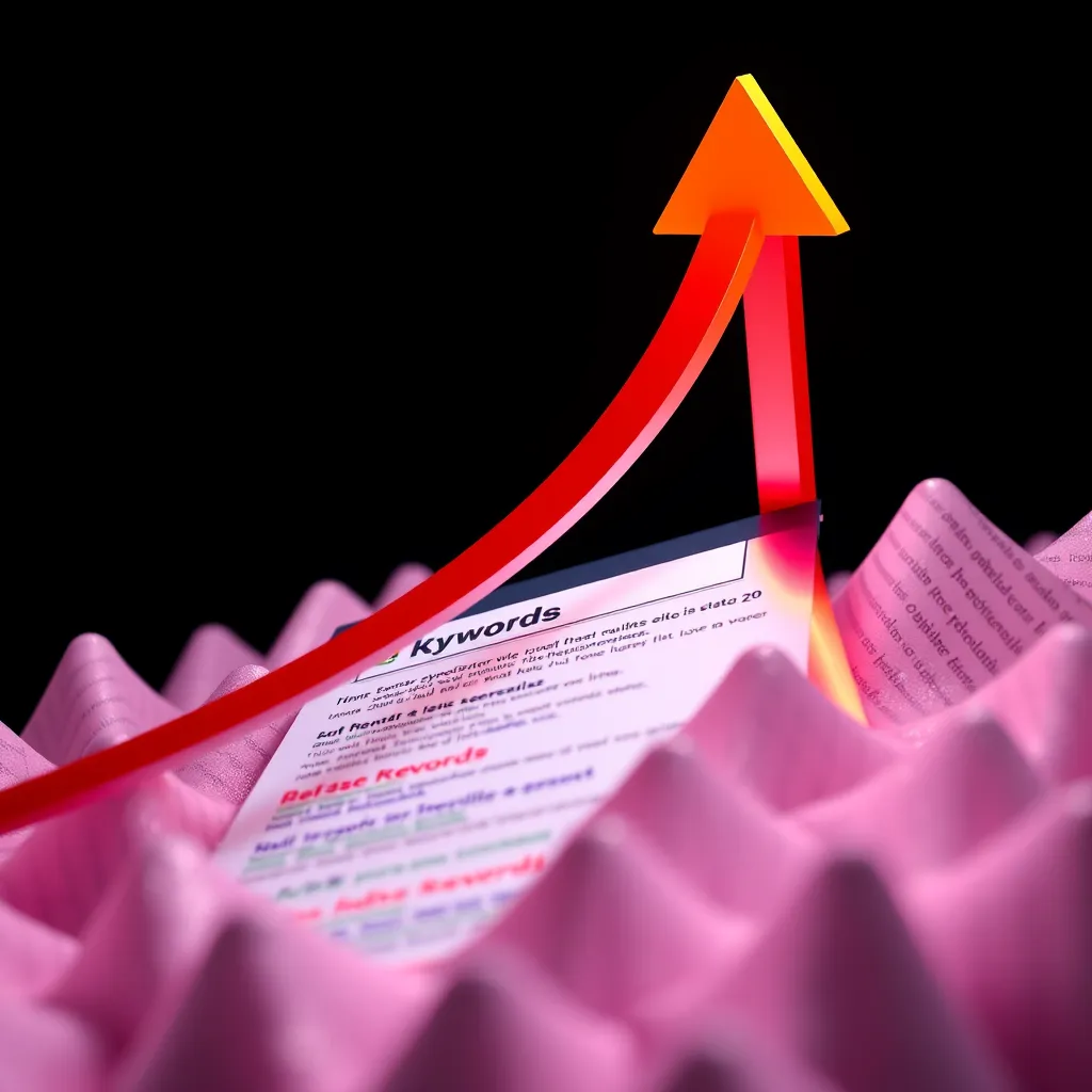 A graphic depicting a website with keywords highlighted, a rising arrow pointing towards a search engine results page (SERP) where the website ranks in the top position, surrounded by other websites ranking lower. The image should incorporate vibrant colors and a clean design.