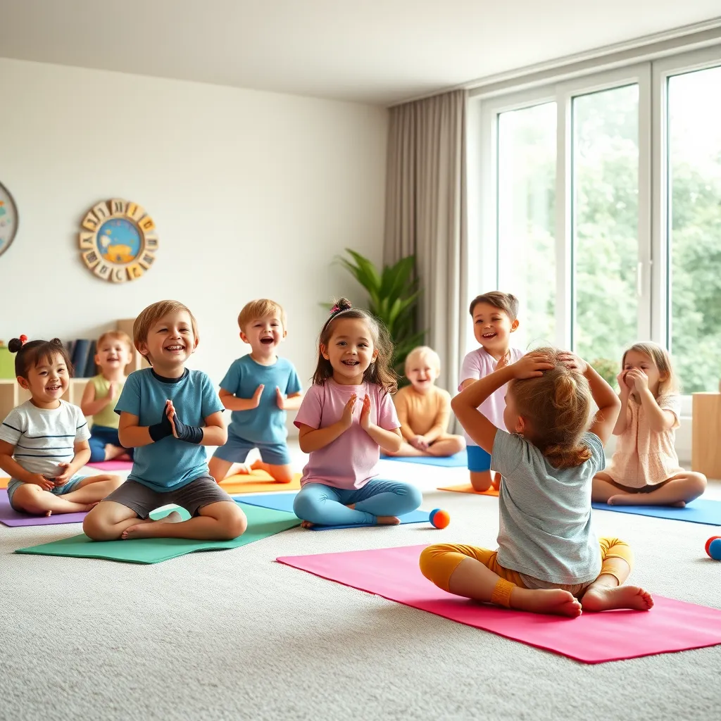 A group of children, aged 5-8, are laughing and playing yoga games in a bright, colorful room with a large window. The room has a soft carpet and is decorated with child-friendly yoga mats and props. There is a friendly, smiling instructor guiding the children through the game. 