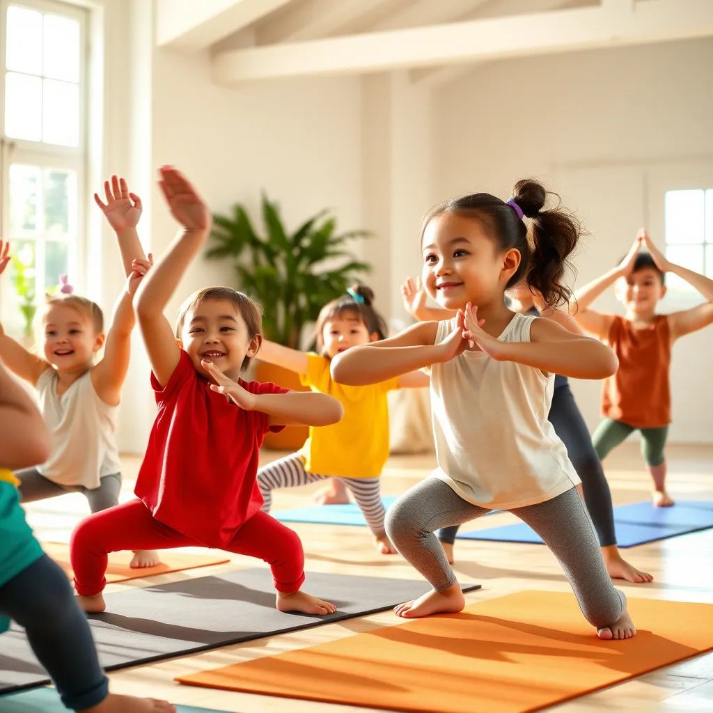 A group of children, ages 6-8, are practicing yoga poses like downward dog and warrior one in a bright, airy studio, filled with natural light. They are smiling and laughing as they move their bodies with energy and confidence. The instructor is a cheerful and supportive female with a warm smile, guiding the children with clear instructions and gentle encouragement.
