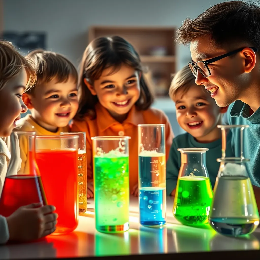 A group of children are actively involved in a science experiment, with colorful liquids bubbling in beakers and a teacher guiding them with enthusiasm. They are all smiling and looking curious.