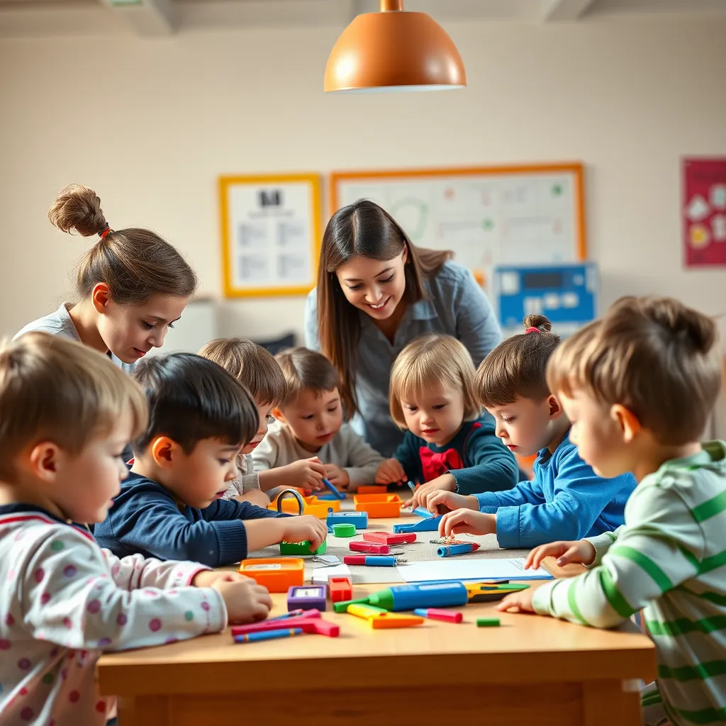 A group of children are gathered around a table, actively engaged in a hands-on activity. The activity is educational yet playful, with colorful materials and tools. Teachers are patiently guiding and interacting with the children, promoting a positive and interactive learning environment.