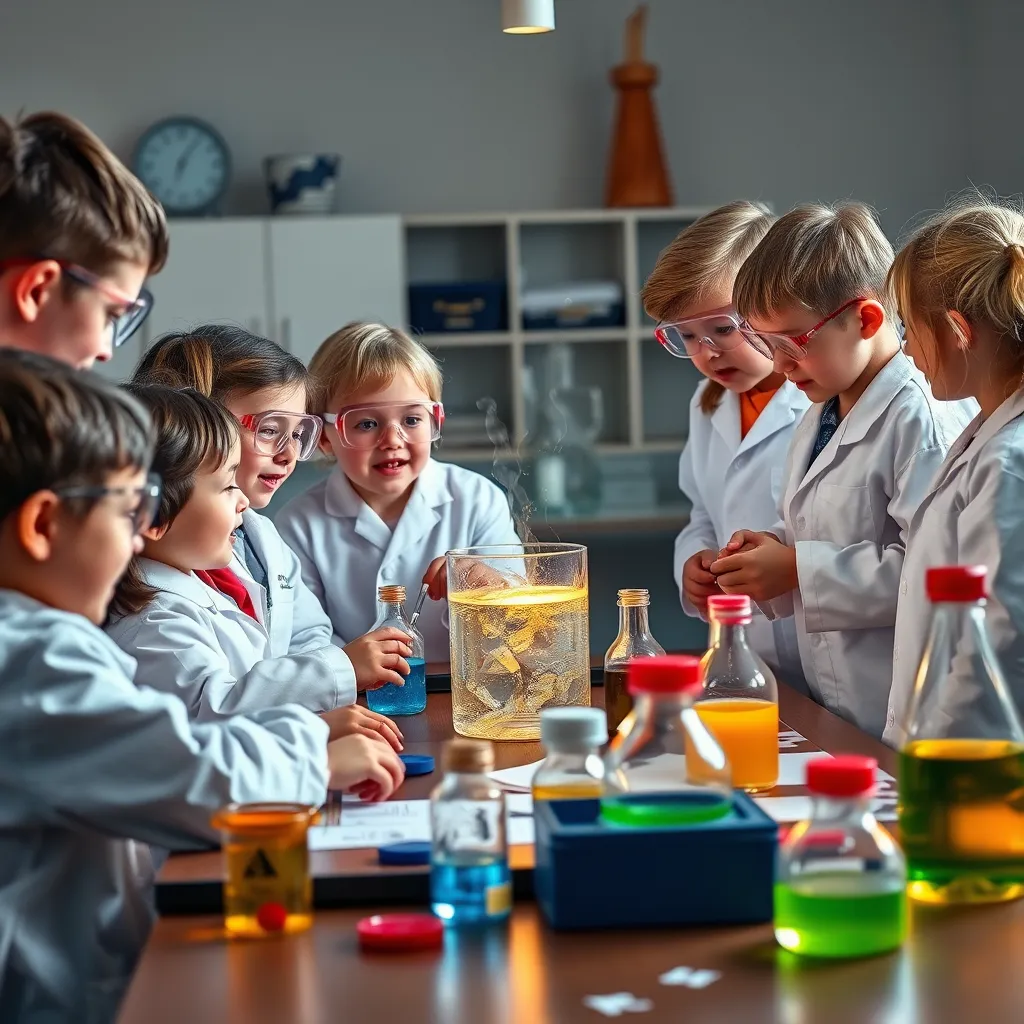 A group of children are gathered around a table, actively participating in a science experiment. They wear lab coats and goggles, excitedly observing the reaction and asking questions. The table is covered with colorful equipment and materials, creating a fun and interactive learning experience.