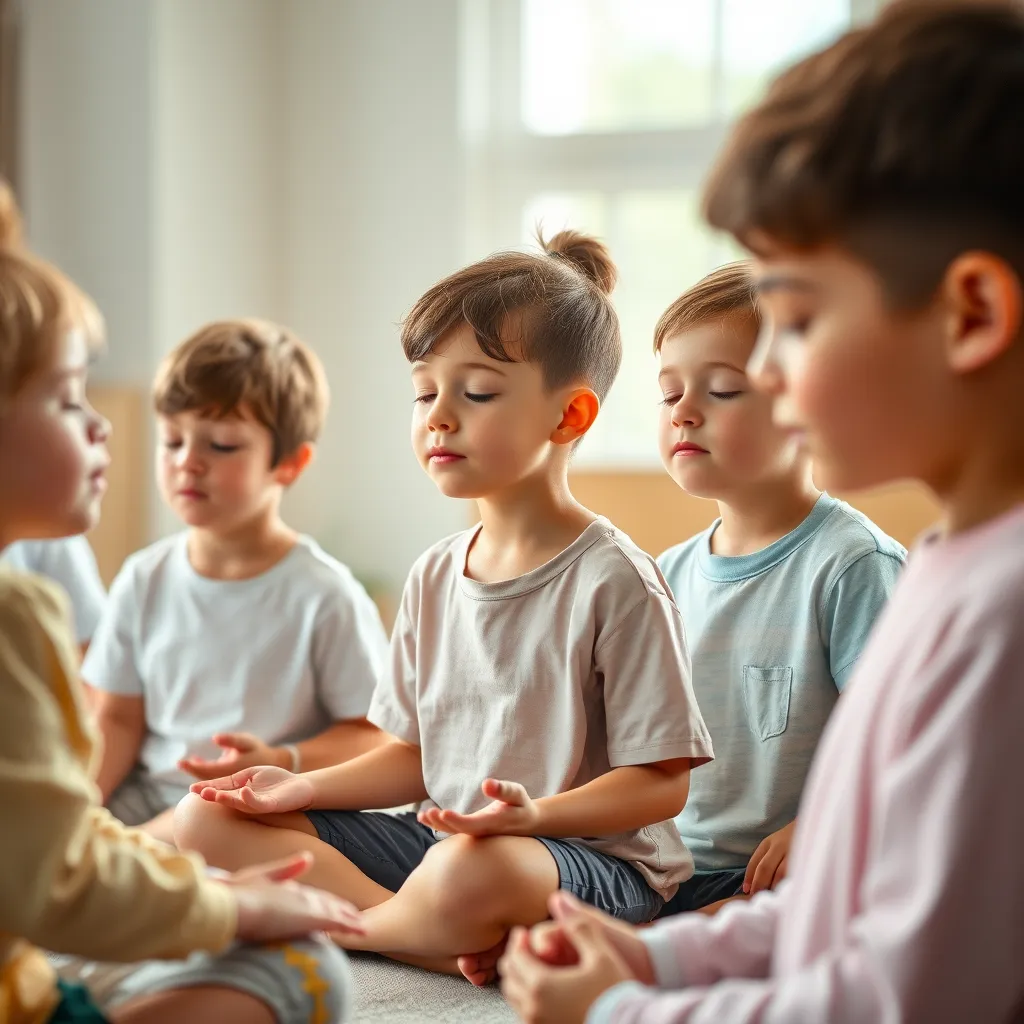 A group of children are sitting in a circle, eyes closed, practicing deep breathing exercises. The environment is warm and inviting, with soft lighting and calming colors. The children have peaceful expressions on their faces, radiating a sense of relaxation and tranquility. The instructor sits beside them, gently guiding them through the practice.