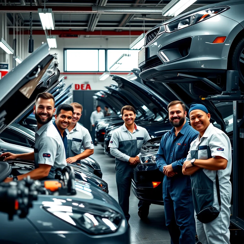 A group of diverse, smiling mechanics wearing clean uniforms working on different cars in a well-lit garage. Tools, parts, and diagnostic equipment are visible, showcasing a professional and organized environment.
