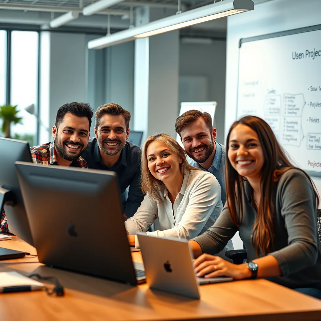A group of diverse, smiling web developers working collaboratively on a website project in a modern, tech-focused office. Highlighting laptops, code on screens, and a whiteboard with project ideas.