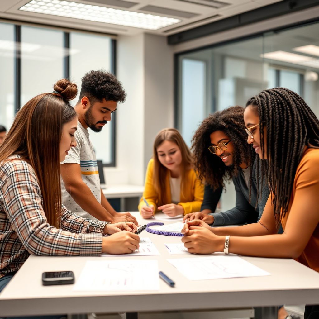 A group of diverse individuals participating in an AI training session. Modern classroom setting, bright and engaging atmosphere. Students collaborating on projects. High-quality image, focus on learning and collaboration. Camera angle: medium shot. Color palette: Warm and inviting.