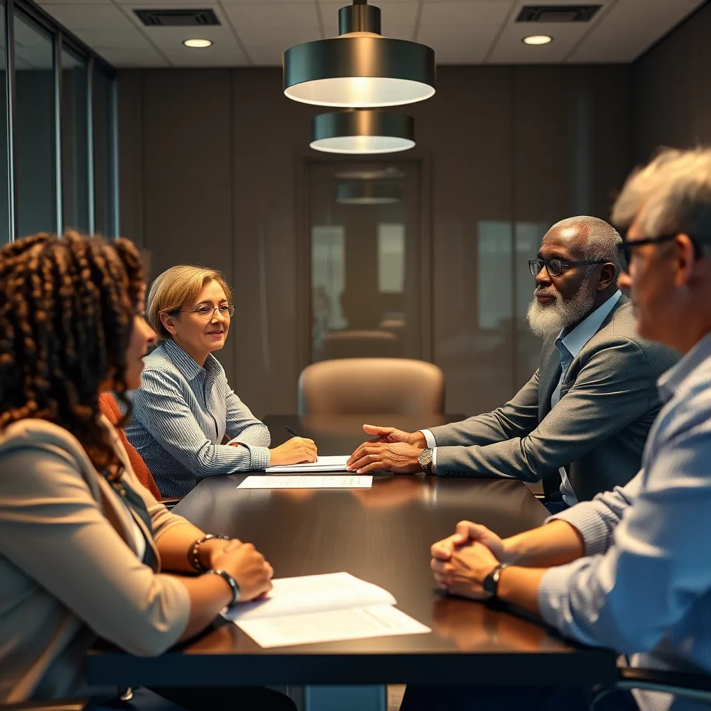 A group of diverse individuals meeting with a bankruptcy attorney in a conference room, discussing their individual financial situations and looking for personalized solutions. The attorney should be actively listening and offering advice, highlighting their commitment to client-centric solutions.