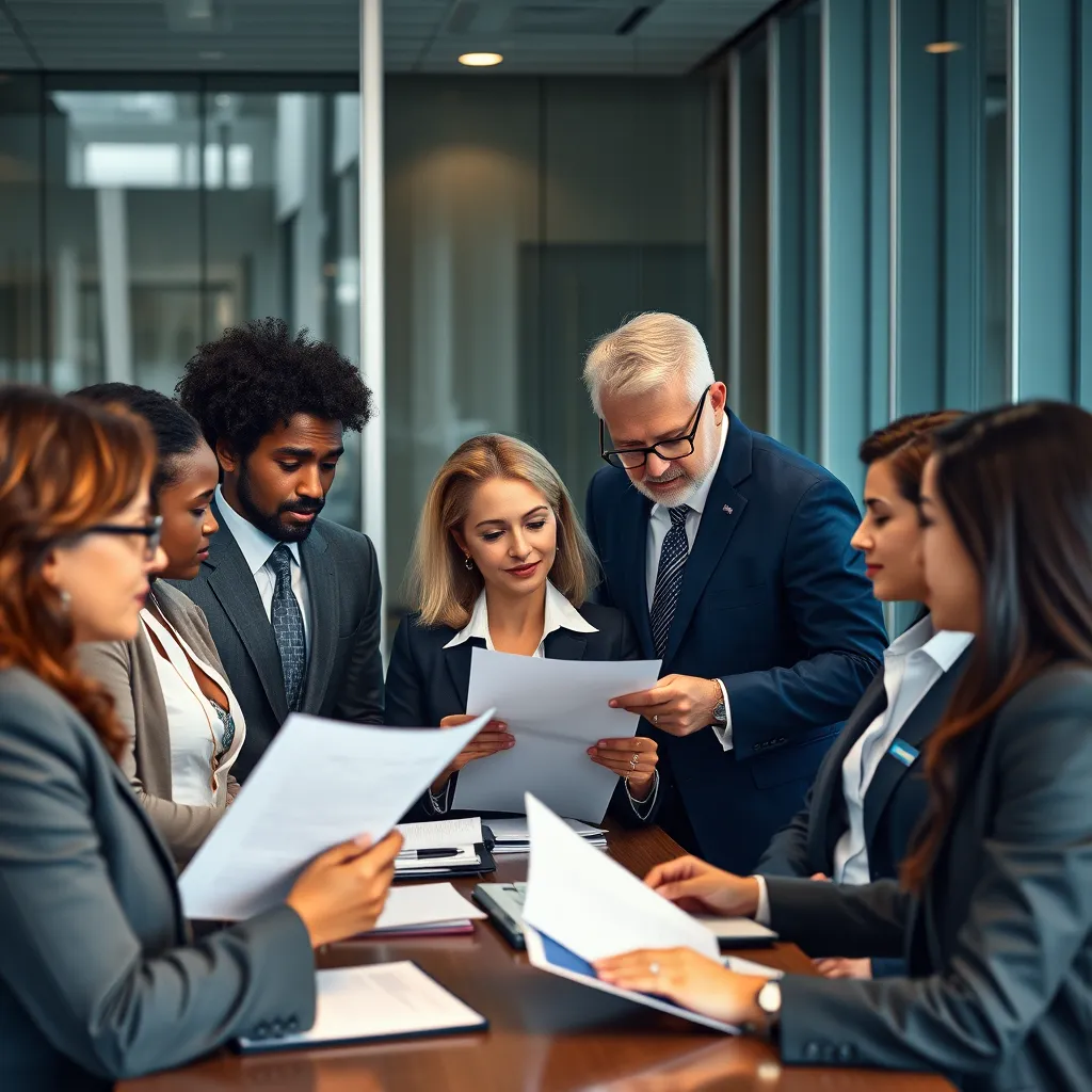A group of diverse lawyers in a modern law firm office, all wearing professional attire and discussing legal documents. The atmosphere should be calm and reassuring, highlighting the expertise and dedication of the attorneys.