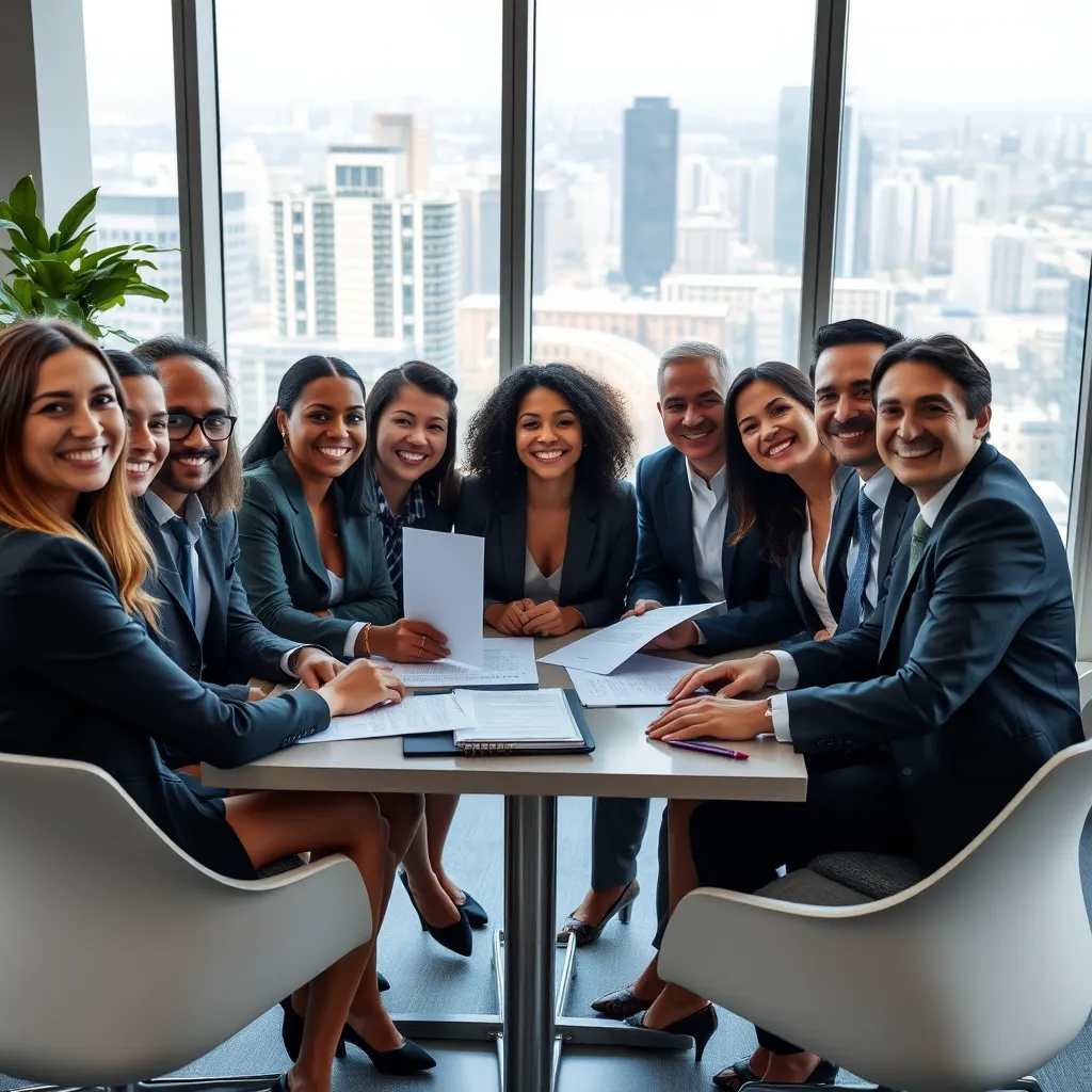 A group of diverse lawyers in professional attire, smiling warmly, sitting around a table in a modern office, discussing legal documents. The room is filled with natural light, and a large window overlooks a bustling cityscape.