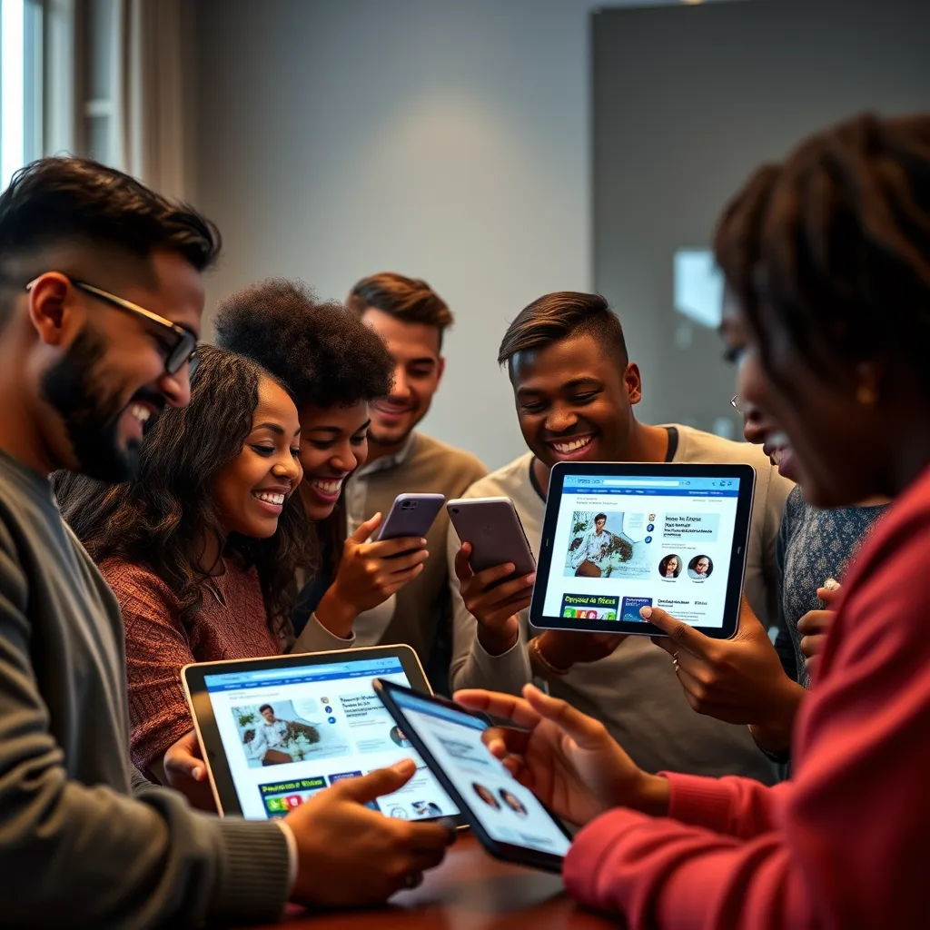 A group of diverse people are interacting with a website on different devices, showcasing the website's responsiveness and user-friendly design. The image should capture a sense of excitement and positive user interaction with the website.