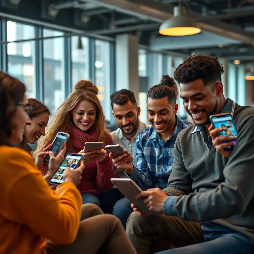 A group of diverse people in a modern setting using their phones and laptops, interacting with a company's social media content. The visuals are visually appealing, showcasing a mix of photos, videos, and engaging stories that highlight the brand's values and personality.